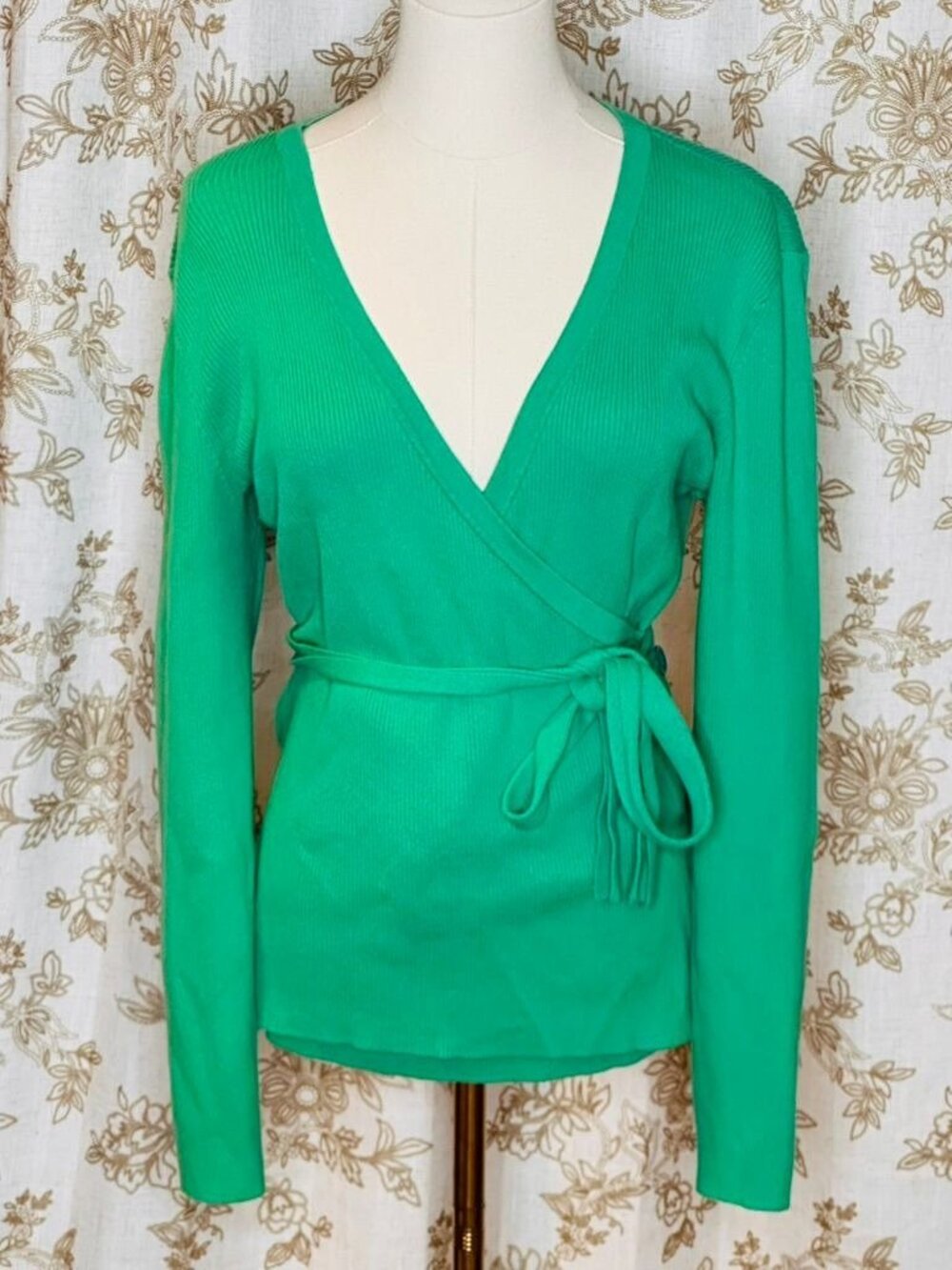 Cabi Green Wrap Sweater With Belt Medium Cotton Blend Long Sleeve Office Career